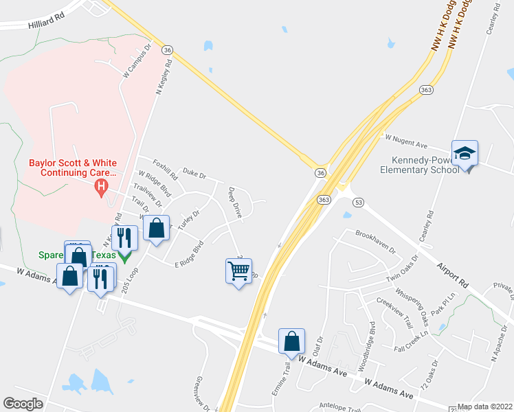 map of restaurants, bars, coffee shops, grocery stores, and more near 739 East Ridge Boulevard in Temple