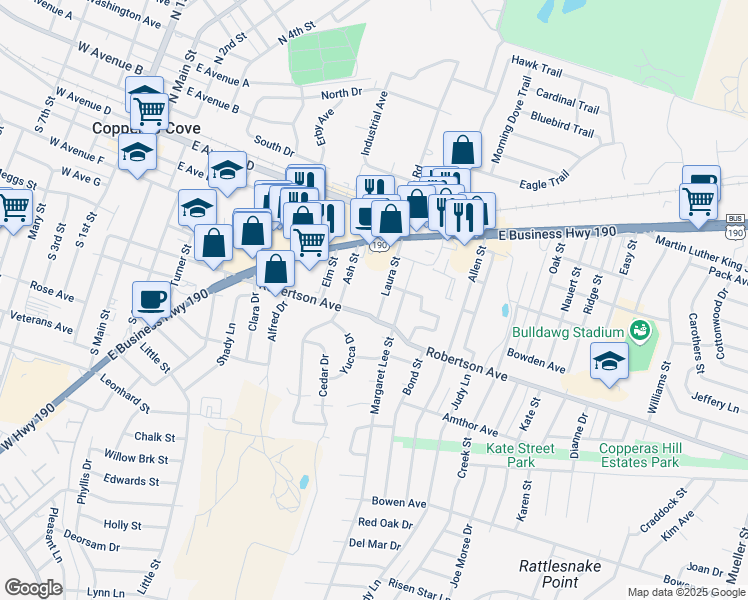 map of restaurants, bars, coffee shops, grocery stores, and more near 306 Laura Street in Copperas Cove