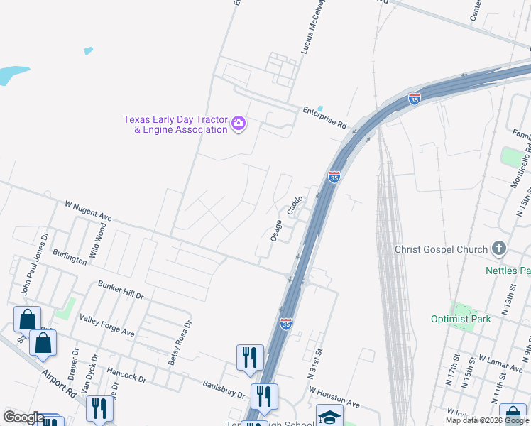map of restaurants, bars, coffee shops, grocery stores, and more near 1002 Pima in Temple