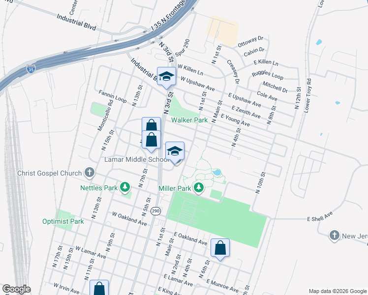 map of restaurants, bars, coffee shops, grocery stores, and more near 106 West Virginia Avenue in Temple