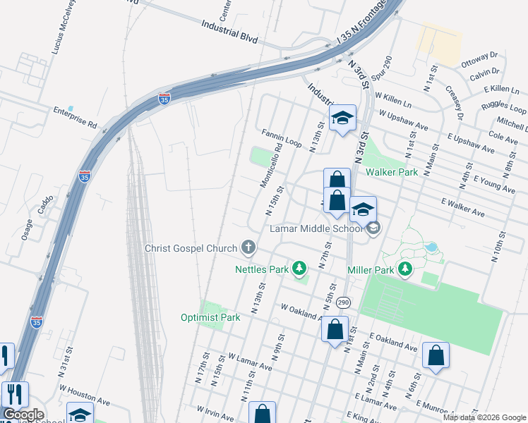 map of restaurants, bars, coffee shops, grocery stores, and more near 1909 Monticello Road in Temple
