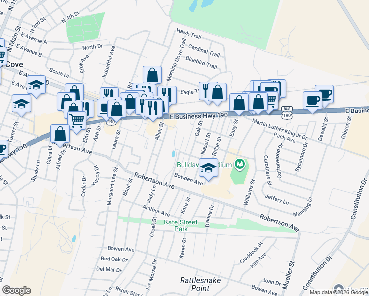 map of restaurants, bars, coffee shops, grocery stores, and more near 313 Creek Street in Copperas Cove