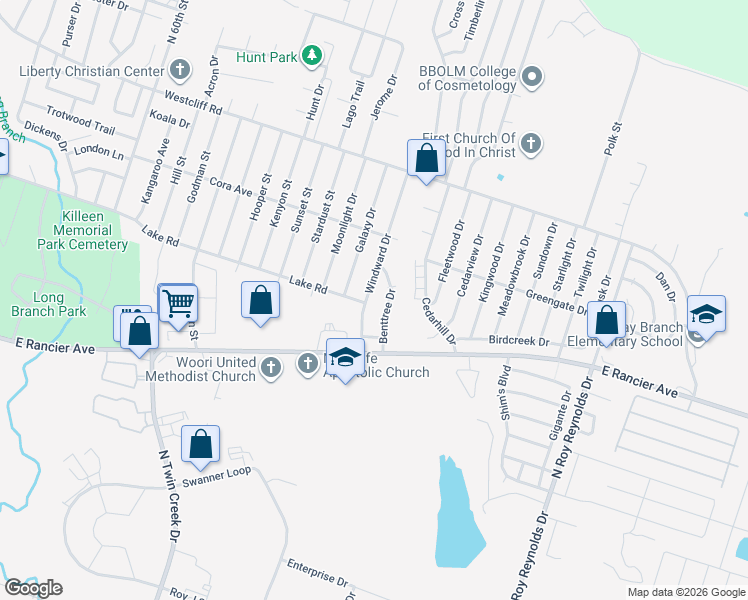 map of restaurants, bars, coffee shops, grocery stores, and more near 4818 Lake Road in Killeen