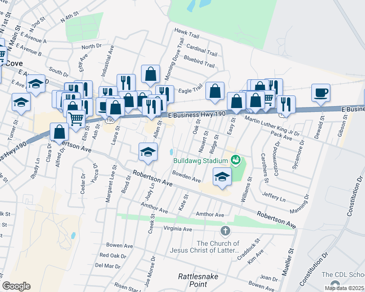 map of restaurants, bars, coffee shops, grocery stores, and more near 315 Creek Street in Copperas Cove