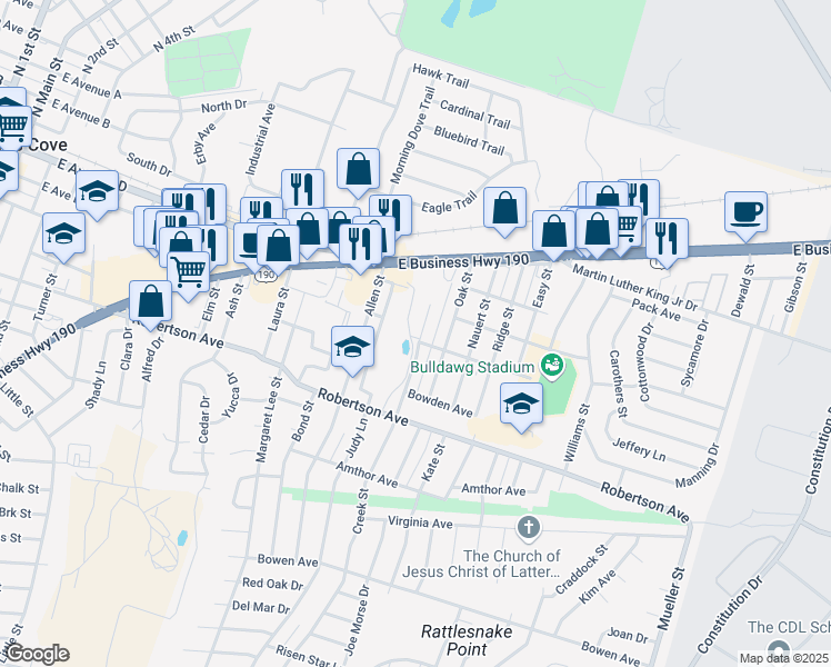 map of restaurants, bars, coffee shops, grocery stores, and more near 315 Creek Street in Copperas Cove