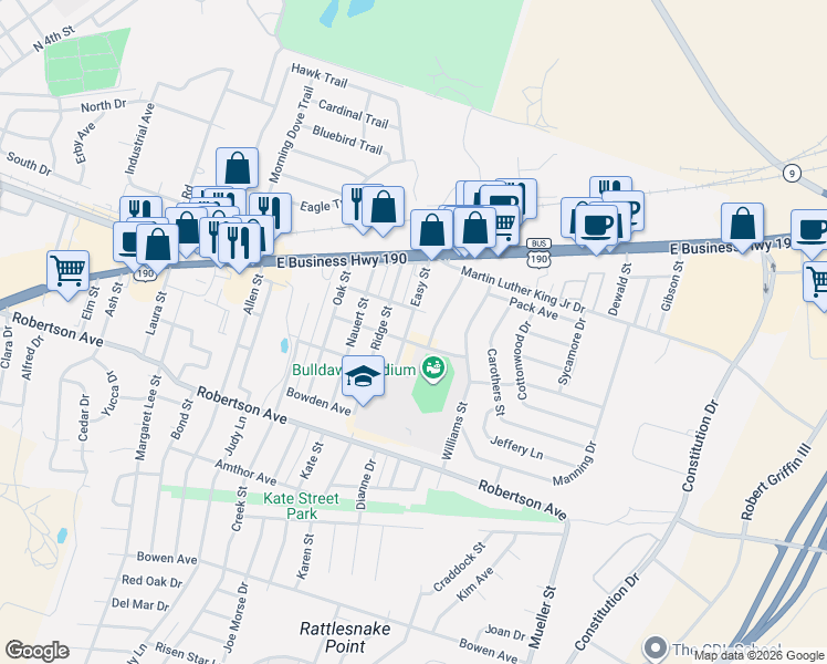 map of restaurants, bars, coffee shops, grocery stores, and more near 207 Easy Street in Copperas Cove