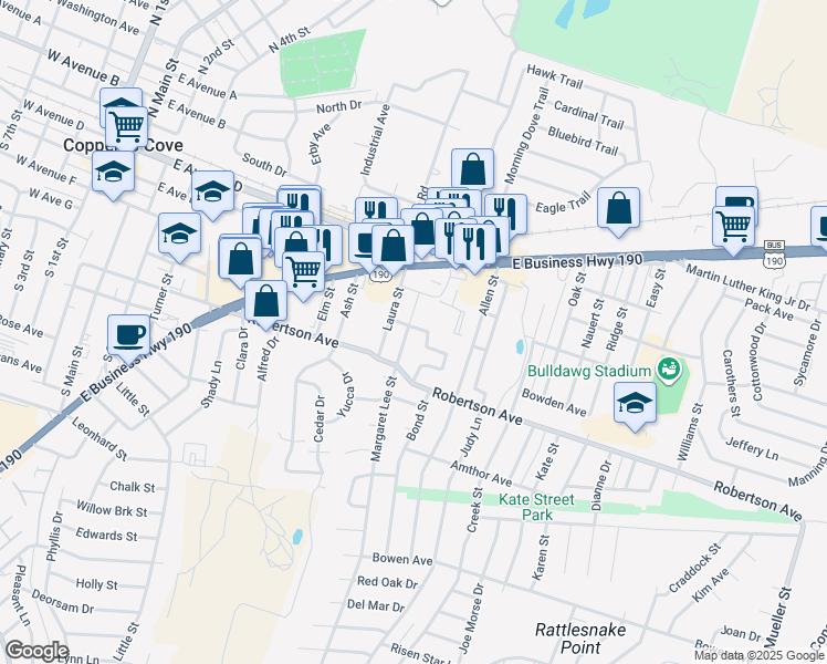 map of restaurants, bars, coffee shops, grocery stores, and more near 1206 Phil Avenue in Copperas Cove