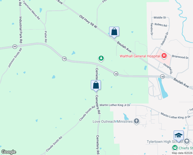 map of restaurants, bars, coffee shops, grocery stores, and more near 210 Cemetery Road in Tylertown
