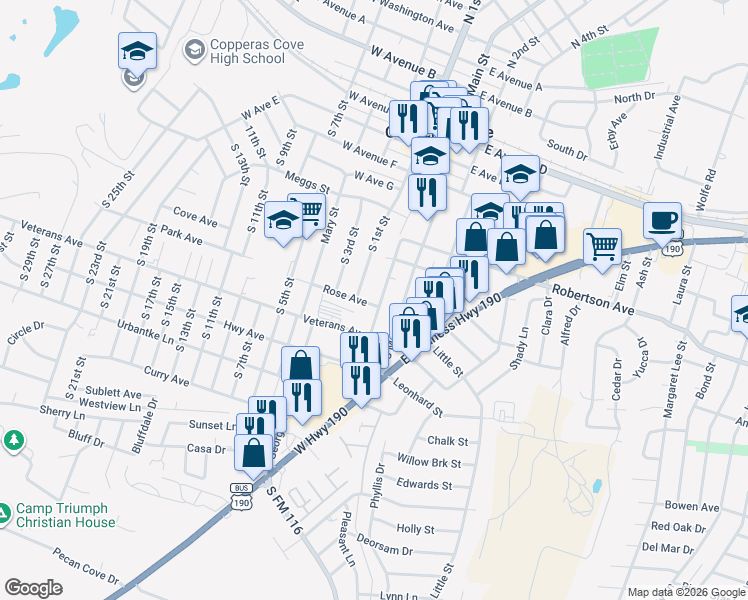 map of restaurants, bars, coffee shops, grocery stores, and more near 410 Veterans Avenue in Copperas Cove