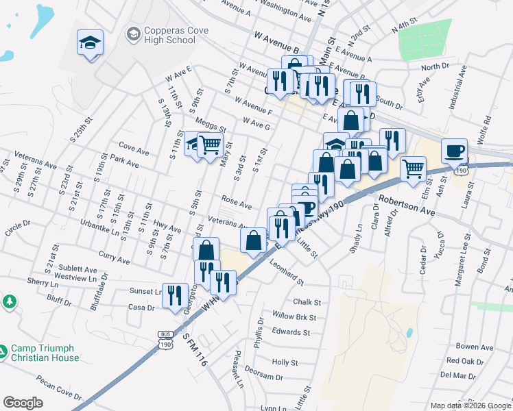 map of restaurants, bars, coffee shops, grocery stores, and more near 410 Veterans Avenue in Copperas Cove