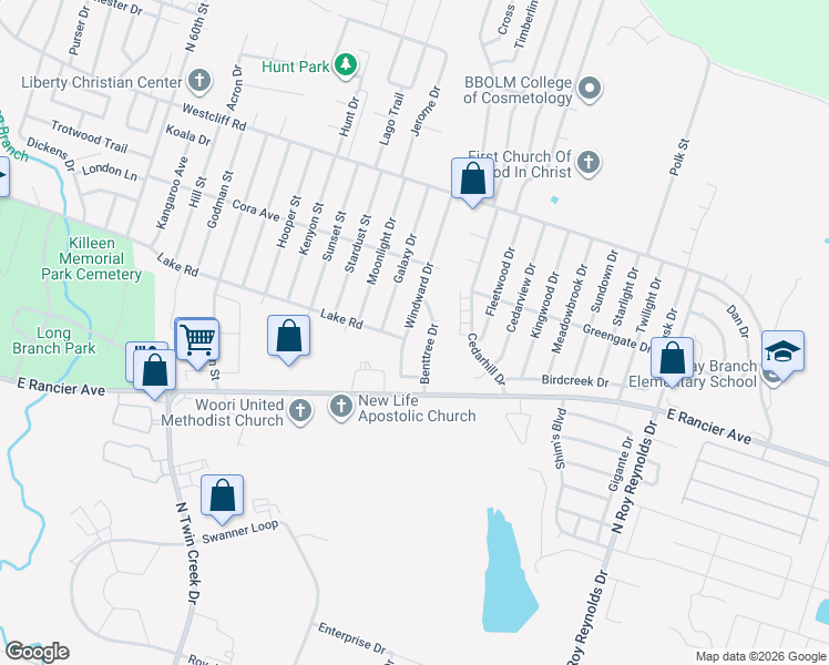 map of restaurants, bars, coffee shops, grocery stores, and more near 4818 Lake Road in Killeen