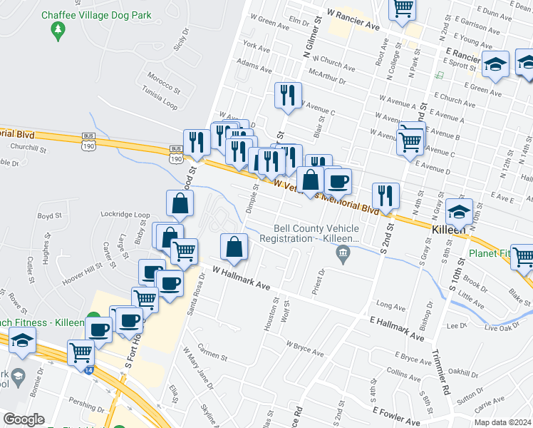 map of restaurants, bars, coffee shops, grocery stores, and more near 703 West Avenue K in Killeen