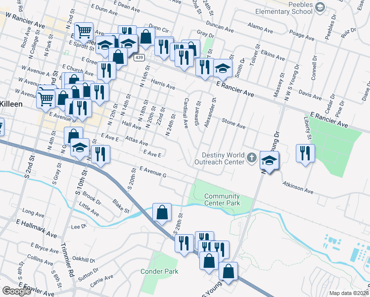 map of restaurants, bars, coffee shops, grocery stores, and more near 409 Alexander Street in Killeen