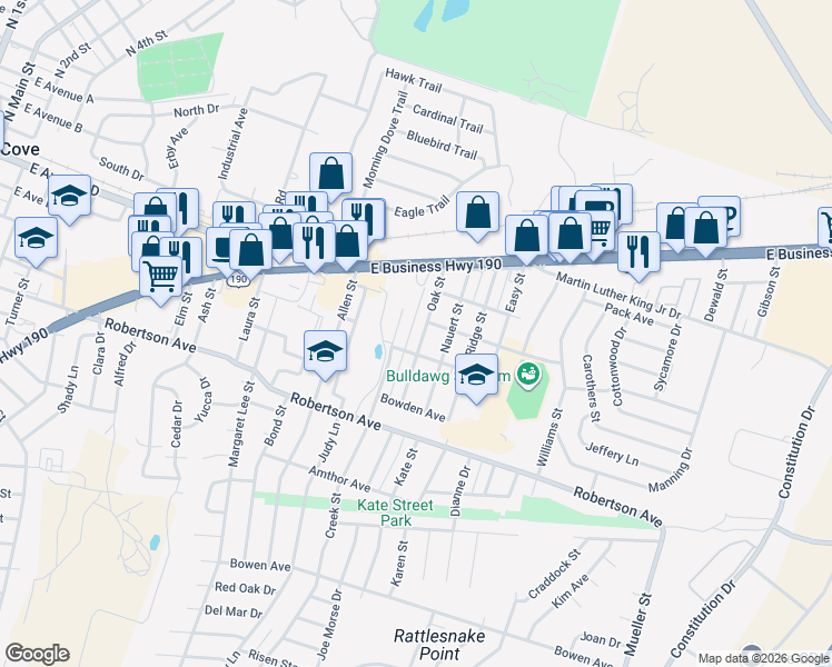 map of restaurants, bars, coffee shops, grocery stores, and more near 306 Nauert Street in Copperas Cove