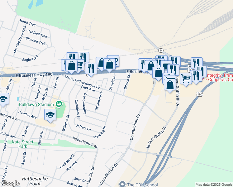 map of restaurants, bars, coffee shops, grocery stores, and more near 1802 Martin Luther King Junior Drive in Copperas Cove