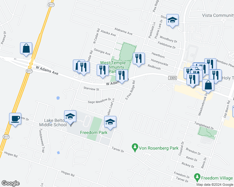 map of restaurants, bars, coffee shops, grocery stores, and more near 309 Fallen Leaf Lane in Temple