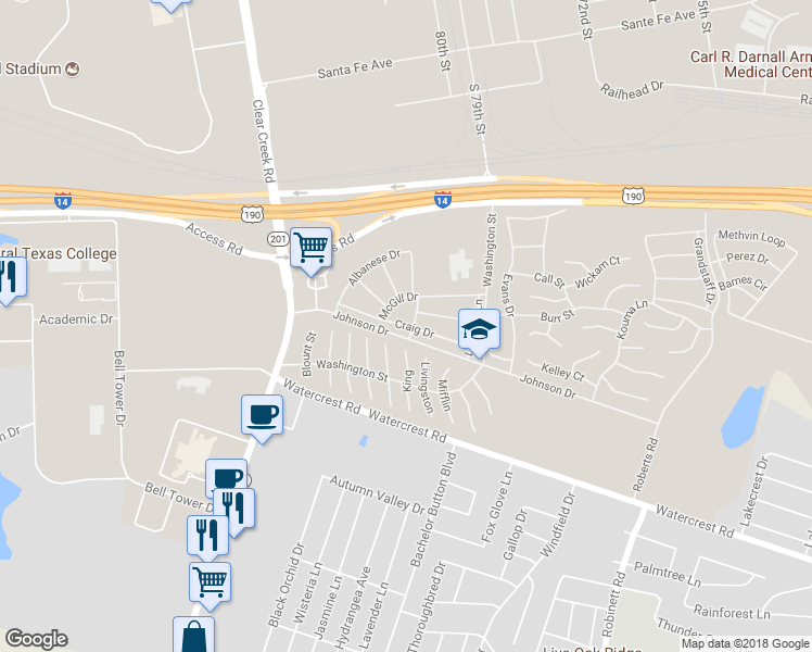 map of restaurants, bars, coffee shops, grocery stores, and more near Craig Drive in Fort Hood