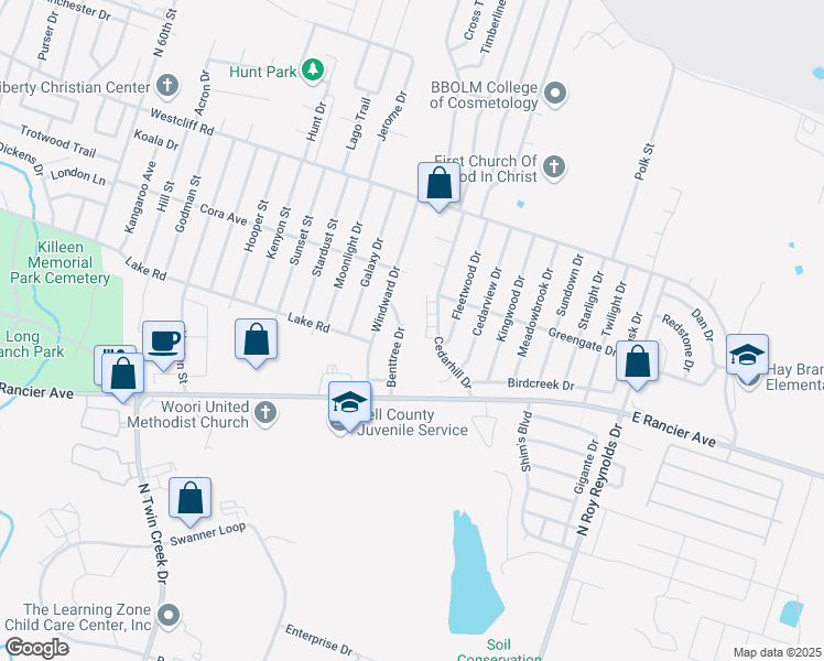 map of restaurants, bars, coffee shops, grocery stores, and more near 1702 Benttree Drive in Killeen