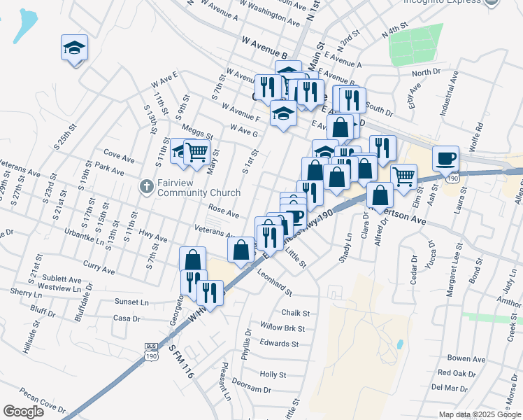 map of restaurants, bars, coffee shops, grocery stores, and more near 902 South Main Street in Copperas Cove