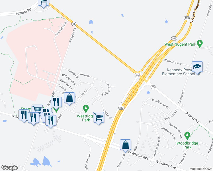 map of restaurants, bars, coffee shops, grocery stores, and more near 756 East Ridge Boulevard in Temple