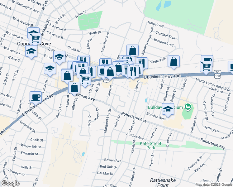 map of restaurants, bars, coffee shops, grocery stores, and more near 209 Margaret Lee Street in Copperas Cove