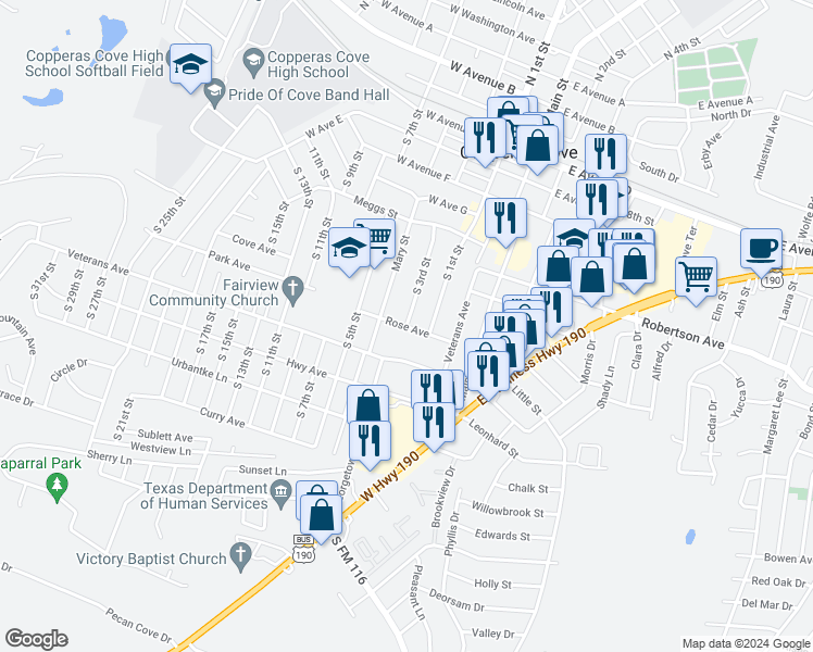 map of restaurants, bars, coffee shops, grocery stores, and more near 1220 South 3rd Street in Copperas Cove