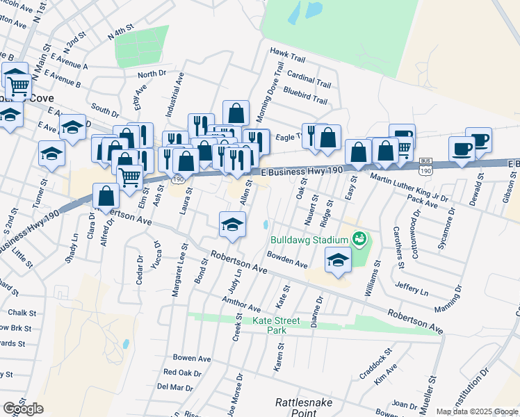 map of restaurants, bars, coffee shops, grocery stores, and more near 165 Judy Lane in Copperas Cove