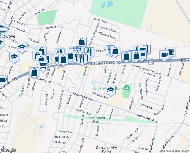 map of restaurants, bars, coffee shops, grocery stores, and more near 310 Creek Street in Copperas Cove