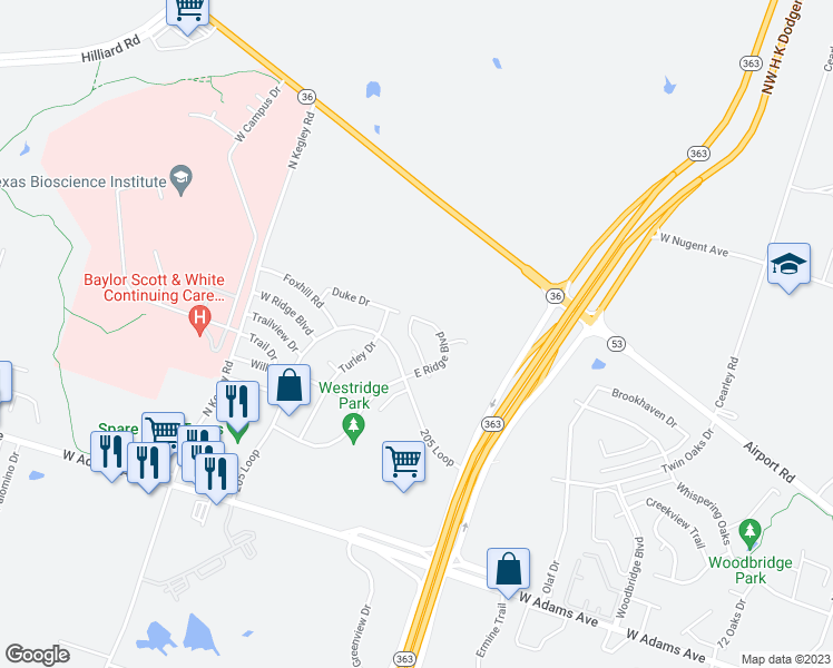 map of restaurants, bars, coffee shops, grocery stores, and more near 4840 Deep Drive in Temple