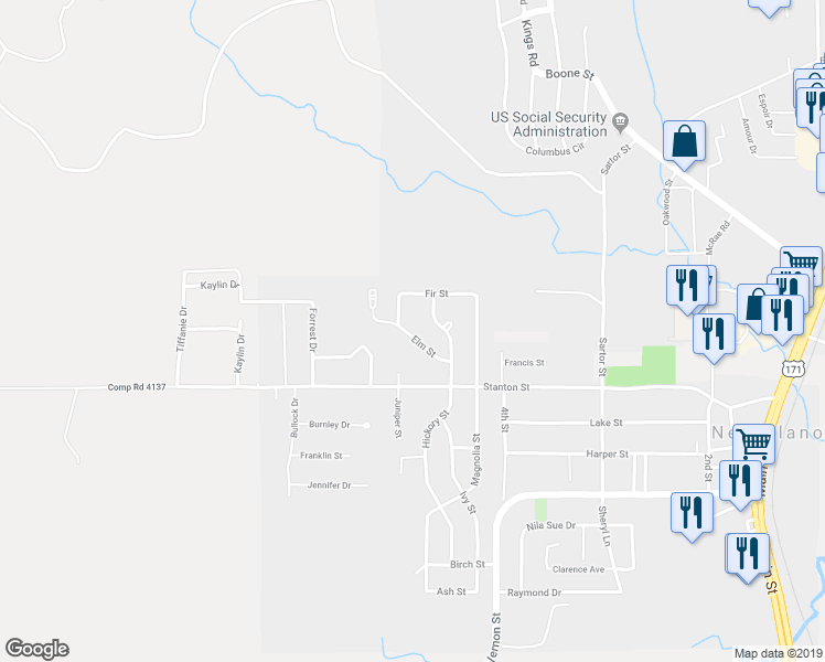 map of restaurants, bars, coffee shops, grocery stores, and more near 618 Elm Street in Newllano