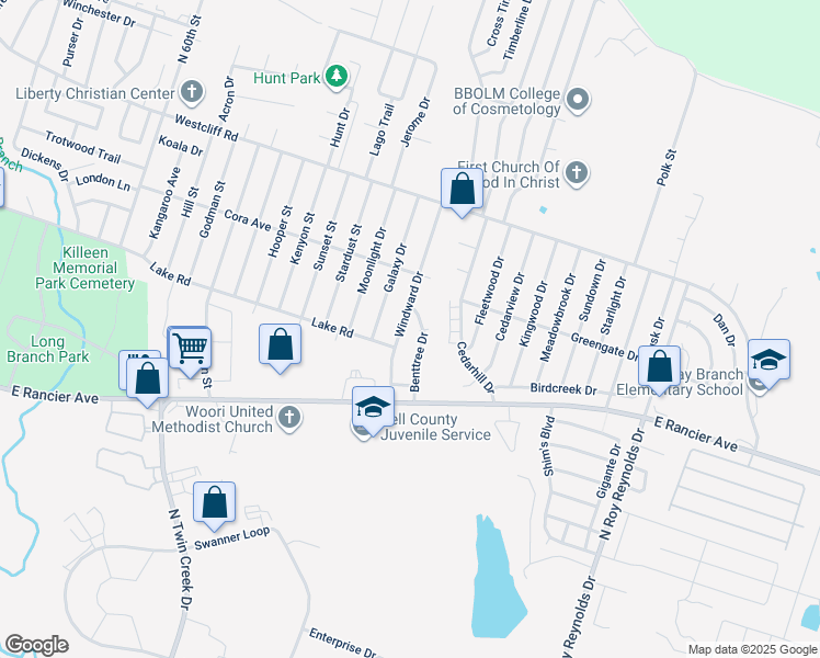 map of restaurants, bars, coffee shops, grocery stores, and more near 1714 Benttree Drive in Killeen