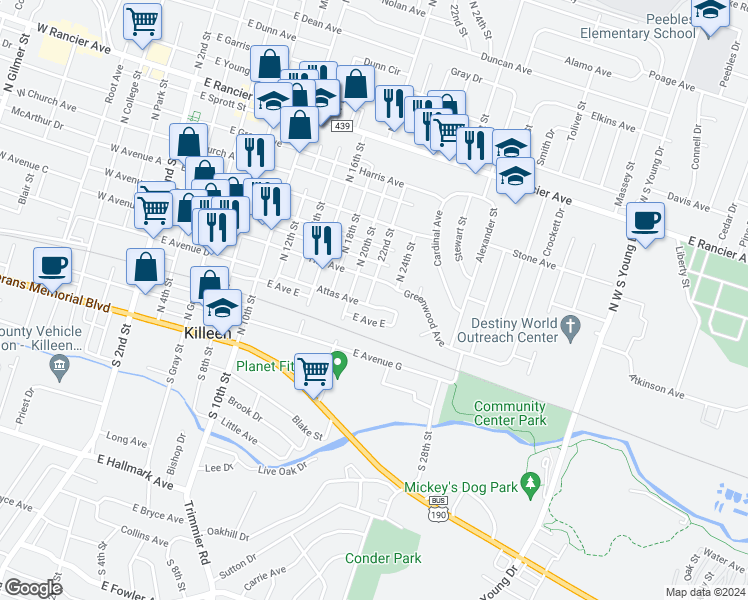 map of restaurants, bars, coffee shops, grocery stores, and more near 308 Hall Avenue in Killeen