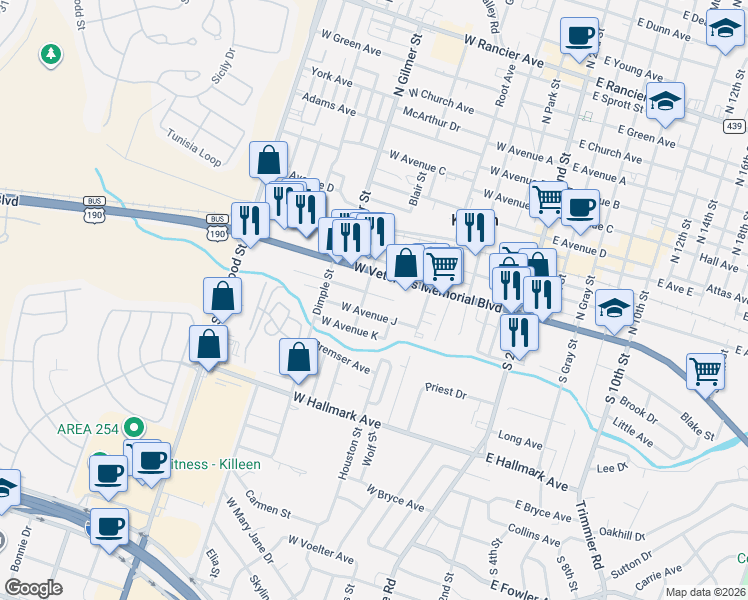 map of restaurants, bars, coffee shops, grocery stores, and more near 608 West Veterans Memorial Boulevard in Killeen