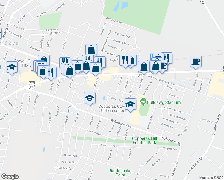 map of restaurants, bars, coffee shops, grocery stores, and more near 307 Creek Street in Copperas Cove