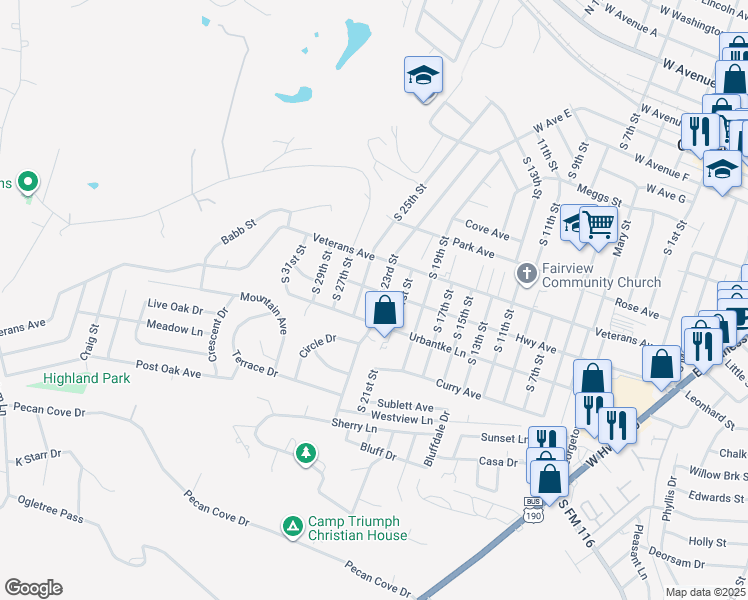 map of restaurants, bars, coffee shops, grocery stores, and more near 1009 South 25th Street in Copperas Cove