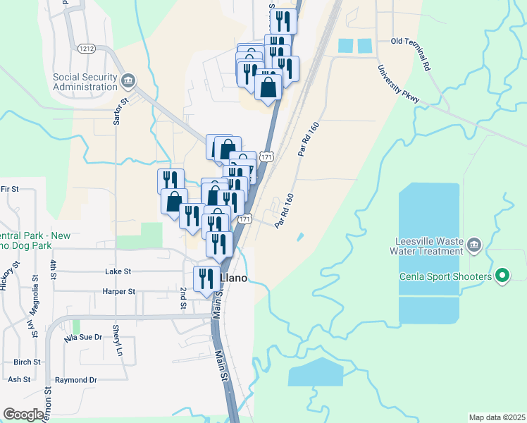 map of restaurants, bars, coffee shops, grocery stores, and more near 129 Par Road 160 in Leesville