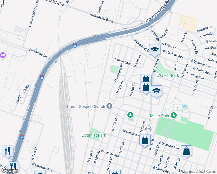 map of restaurants, bars, coffee shops, grocery stores, and more near 2110 Monticello Road in Temple