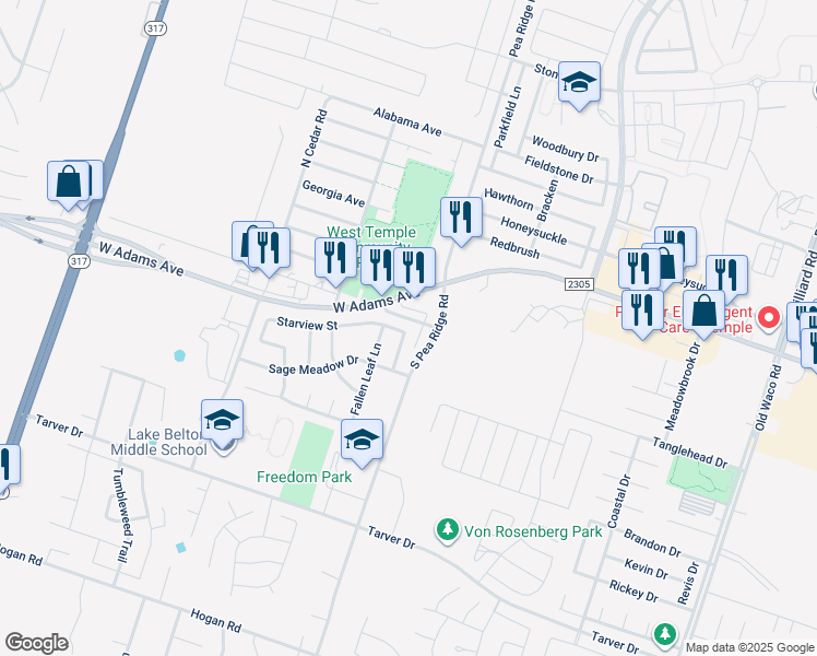 map of restaurants, bars, coffee shops, grocery stores, and more near 8307 West Adams Avenue in Temple