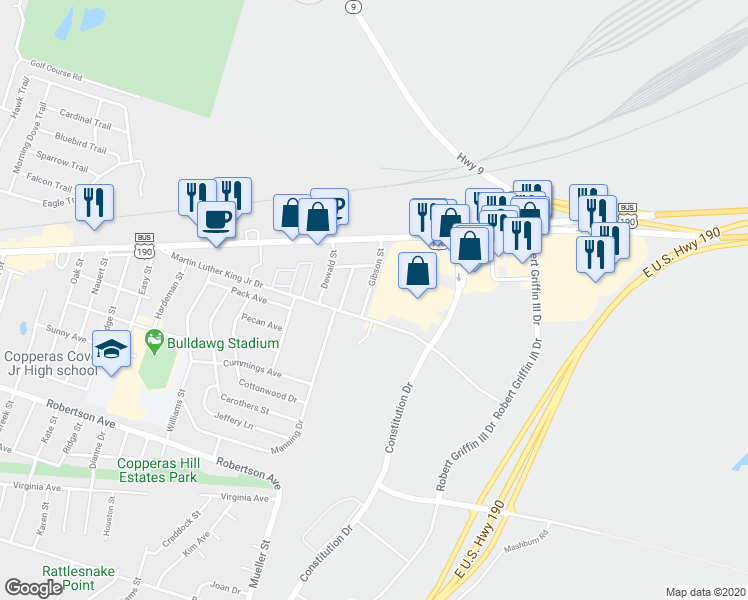 map of restaurants, bars, coffee shops, grocery stores, and more near 209 Gibson Street in Copperas Cove