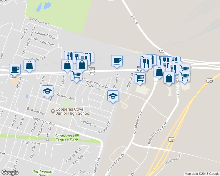 map of restaurants, bars, coffee shops, grocery stores, and more near 1513 Martin Luther King Junior Drive in Copperas Cove