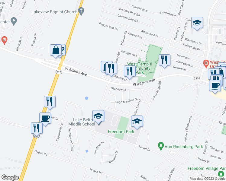 map of restaurants, bars, coffee shops, grocery stores, and more near 8715 Starview Street in Temple