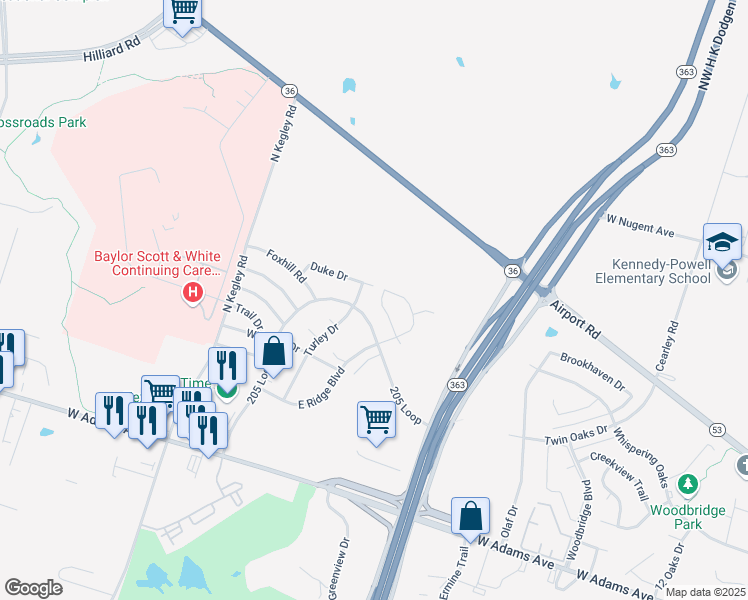 map of restaurants, bars, coffee shops, grocery stores, and more near 739 Turley Drive in Temple