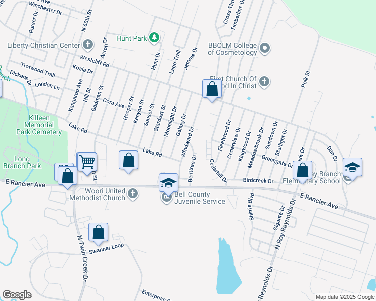 map of restaurants, bars, coffee shops, grocery stores, and more near 1714 Benttree Drive in Killeen