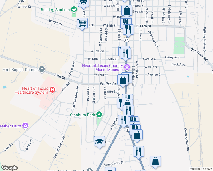 map of restaurants, bars, coffee shops, grocery stores, and more near 1800-1898 South Pine Street in Brady