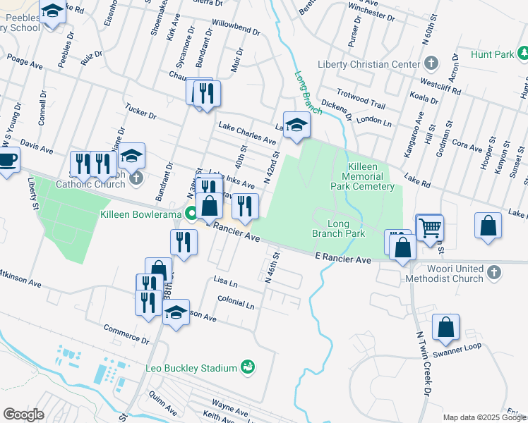 map of restaurants, bars, coffee shops, grocery stores, and more near 1200 North 42nd Street in Killeen