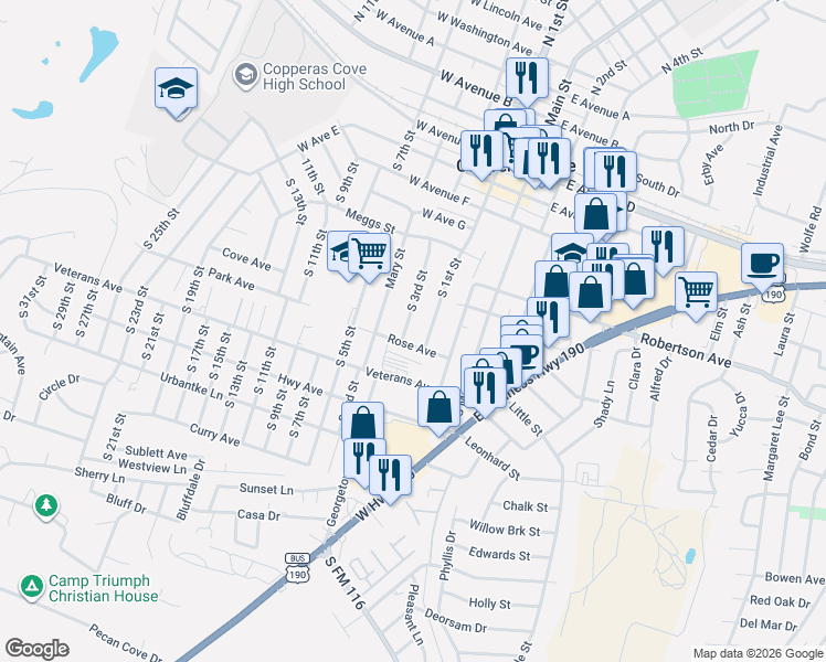 map of restaurants, bars, coffee shops, grocery stores, and more near 706 South 1st Street in Copperas Cove