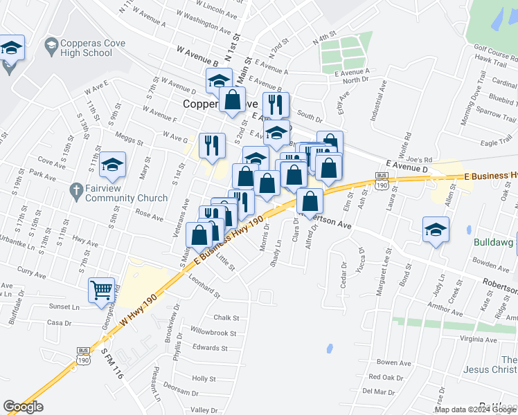 map of restaurants, bars, coffee shops, grocery stores, and more near 527 East U.S. 190 in Copperas Cove