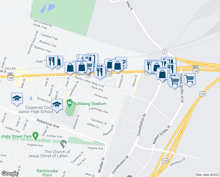 map of restaurants, bars, coffee shops, grocery stores, and more near 1377 Martin Luther King Junior Drive in Copperas Cove