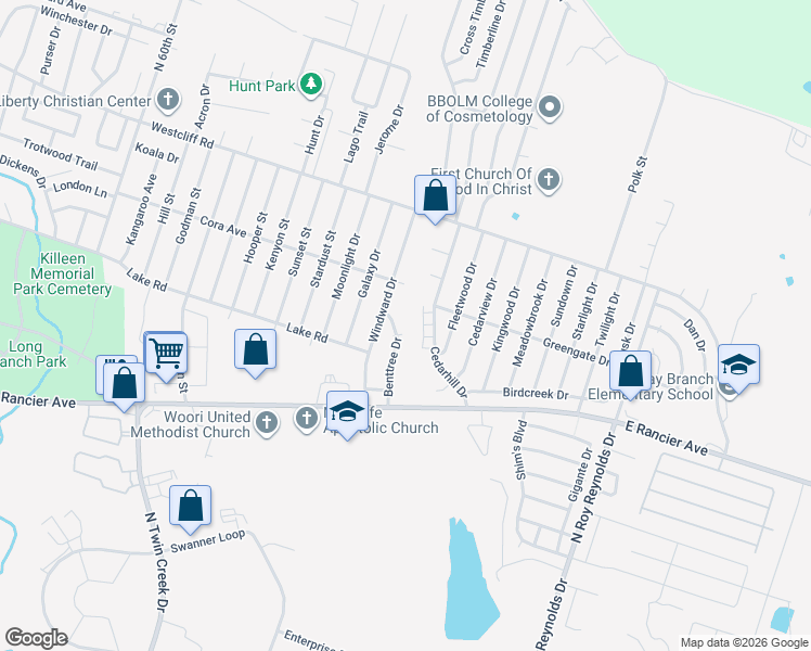 map of restaurants, bars, coffee shops, grocery stores, and more near 1714 Benttree Drive in Killeen