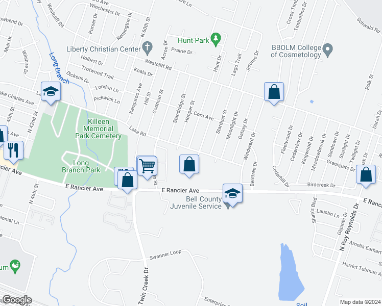 map of restaurants, bars, coffee shops, grocery stores, and more near 1701 Kenyon Street in Killeen